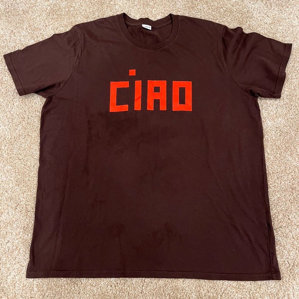 Clare V. Ciao size M original tee chocolate brown with poppy lettering